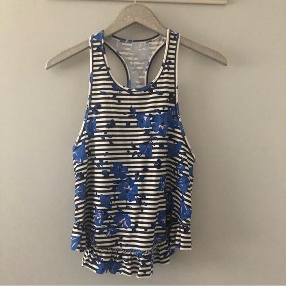 Kate Spade Blue Floral and Stripe Ruffle Trim Racerback Tank Top - Picture 2 of 7